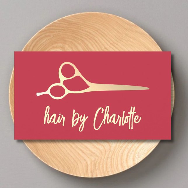 Cool Simple Red Faux Gold Scissors Hair Stylist Business Card (Creator Uploaded)