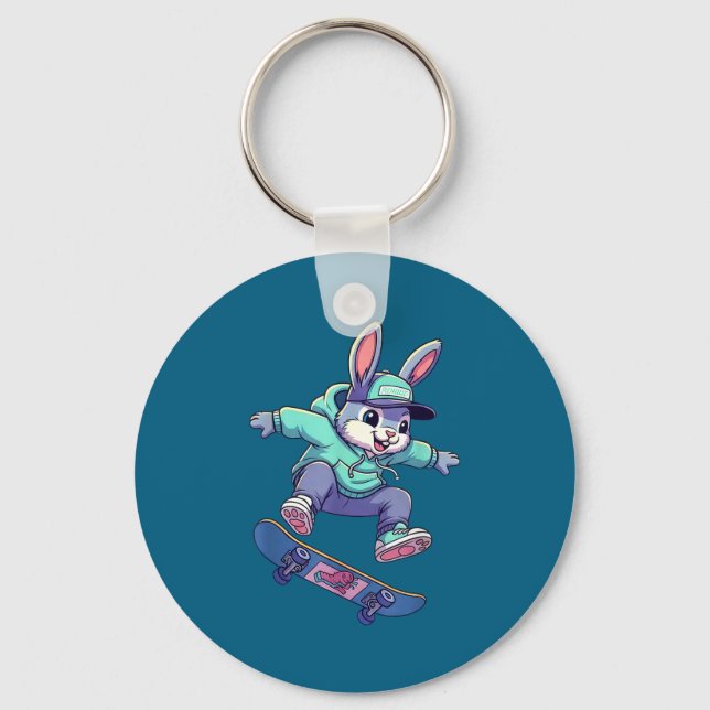 Cool skateboard bunny funny rabbit skating easter key ring (Front)