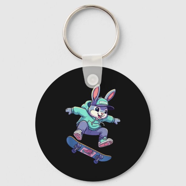 Cool skateboard bunny funny rabbit skating easter key ring (Front)