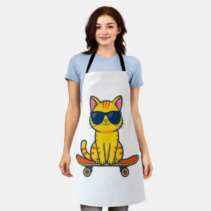 Cool Skateboarding Cat Wearing Sunglasses Cartoon Apron