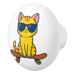 Cool Skateboarding Cat Wearing Sunglasses Cartoon Ceramic Knob