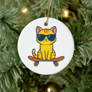 Cool Skateboarding Cat Wearing Sunglasses Cartoon Ceramic Ornament