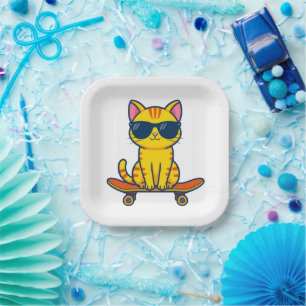 Cool Skateboarding Cat Wearing Sunglasses Cartoon Paper Plate