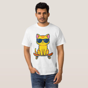 Cool Skateboarding Cat Wearing Sunglasses Cartoon T-Shirt