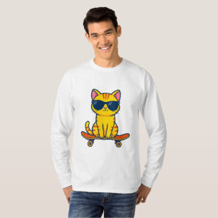 Cool Skateboarding Cat Wearing Sunglasses Cartoon T-Shirt