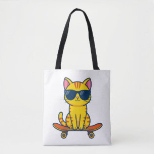 Cool Skateboarding Cat Wearing Sunglasses Cartoon Tote Bag