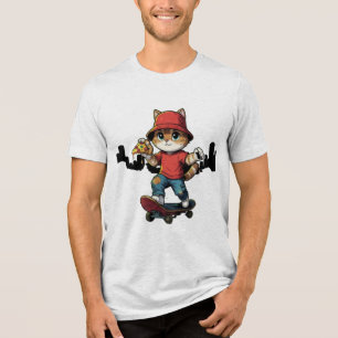 Cool Skateboarding Cat with Cap Funny T-Shirt Tri-Blend Shirt