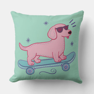 Cool Skateboarding Dachshund Funny Dog Art Cushion