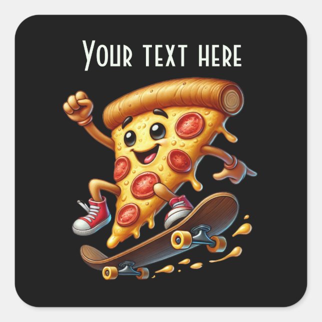 Cool skateboarding pizza party square sticker (Front)
