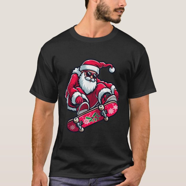 Cool Skateboarding Santa Claus Christmas Pajama Ki T-Shirt (Front)