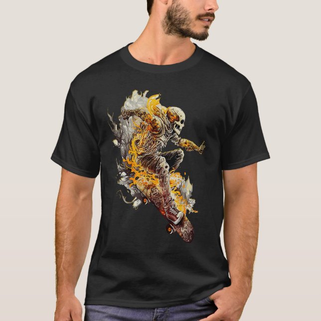 Cool Skateboarding Skeleton with Flames Fun Skateb T-Shirt (Front)