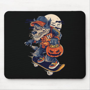 Cool Skateboarding Wolf Carrying A Halloween Pumpk Mouse Pad