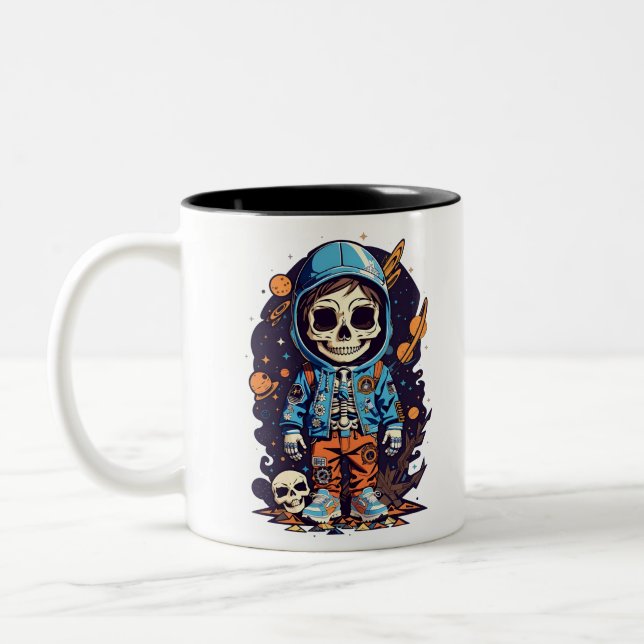 Cool Skeleton Astronaut in Hoodie Space Cartoon Two-Tone Coffee Mug (Left)