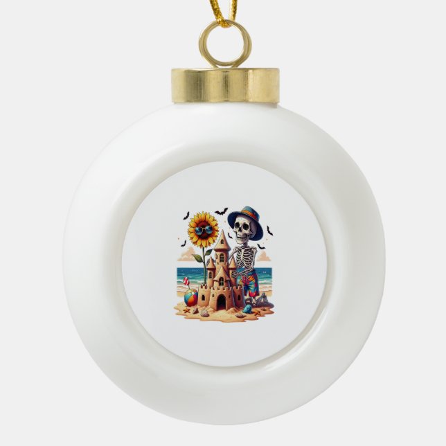 Cool Skeleton at the Beach Ceramic Ball Christmas Ornament (Front)