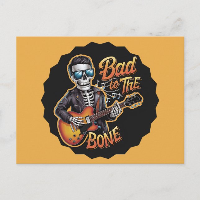 Cool Skeleton Bad to the Bone with Guitar Holiday Postcard (Front)