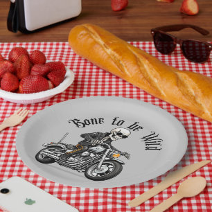 Cool Skeleton Bone to be Wild Riding a Motorcycle Paper Plate
