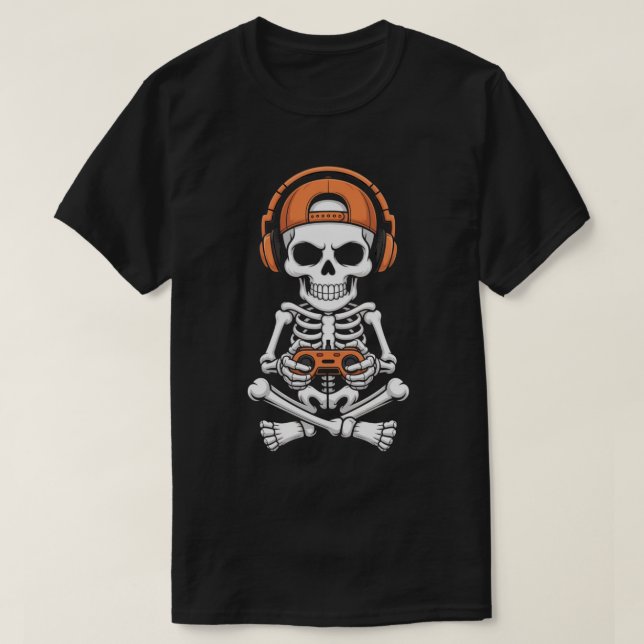 Cool Skeleton Gamer with Headset and Controller T-Shirt (Design Front)