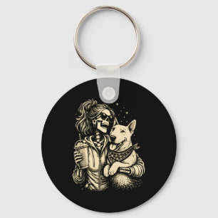 Cool Skeleton Girl With Dog - Gothic Pet Lover Key Ring