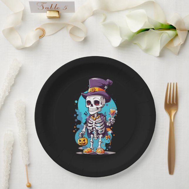 Cool Skeleton in a Top Hat Halloween Paper Plate (Wedding)