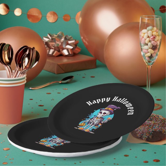 Cool Skeleton in a Top Hat Halloween Paper Plate (Multi)