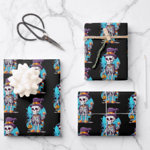 Cool Skeleton in a Top Hat Halloween Pattern Wrapping Paper Sheet