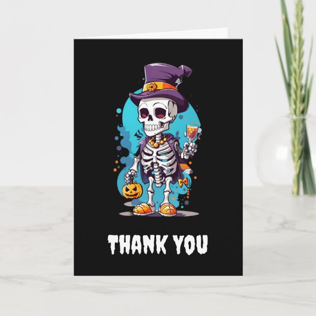 Cool Skeleton in a Top Hat Halloween Thank You Card (Front)