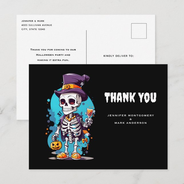 Cool Skeleton in a Top Hat Halloween Thank You Postcard (Front/Back)