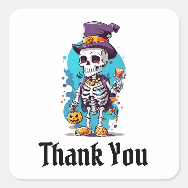 Cool Skeleton in a Top Hat Halloween Thank You Square Sticker (Front)