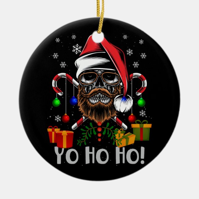 Cool Skull Beard Santa Pirate Christmas Jolly Roge Ceramic Ornament (Front)