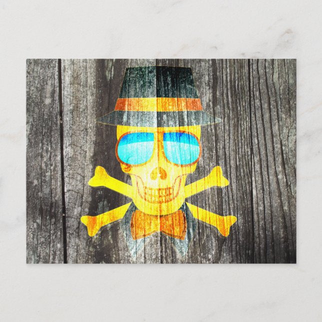 Cool Skull glasses hat wood grey background effect Postcard (Front)