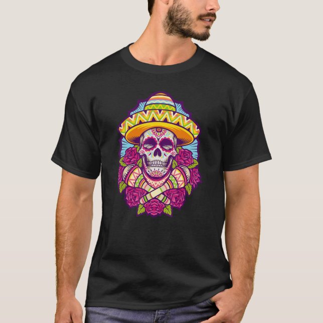 Cool Skull Graphic Sombrero Dia De Los Muertos T-Shirt (Front)