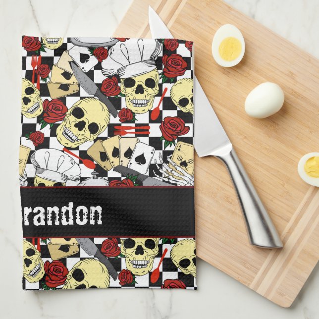 Cool Skulls Wearing Chef Hats Red Roses Chequered Tea Towel (Quarter Fold)