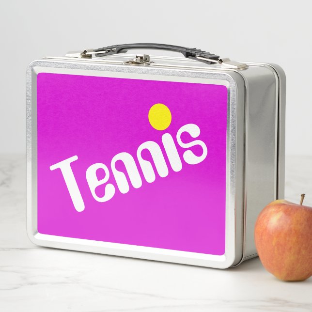 Cool Slant White Yellow TENNIS Text On Bright Pink Metal Lunch Box (In Situ)