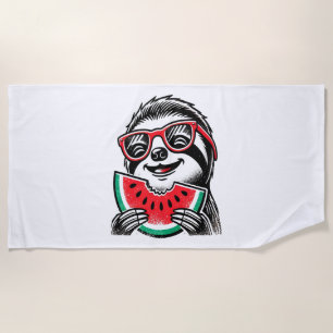 Cool Sloth Eating Watermelon Beach Towel
