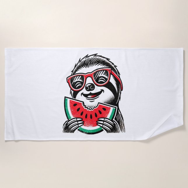 Cool Sloth Eating Watermelon Beach Towel (Front)