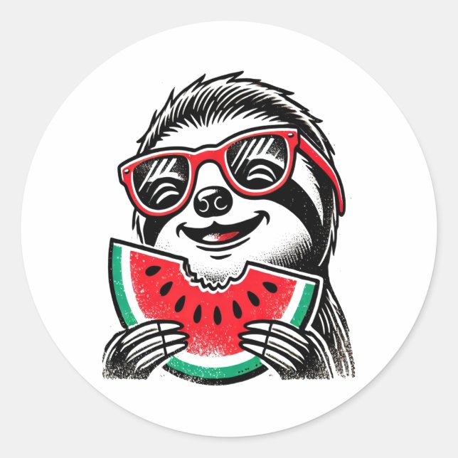 Cool Sloth Eating Watermelon Classic Round Sticker (Front)