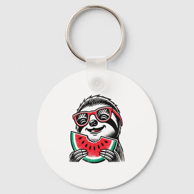 Cool Sloth Eating Watermelon Key Ring (Front)