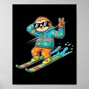 Cool Sloth On Skis Peace Sign Retro Winter Vibe