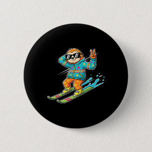 Cool Sloth On Skis Peace Sign Retro Winter Vibe 6 Cm Round Badge