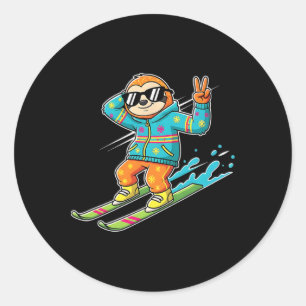 Cool Sloth On Skis Peace Sign Retro Winter Vibe Classic Round Sticker