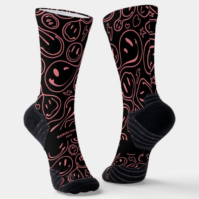 Cool Smiling Face Melting Smile Pattern Pink Socks (Angled)