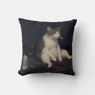 Cool Smoking Cat with Beer Can Night City View Cushion