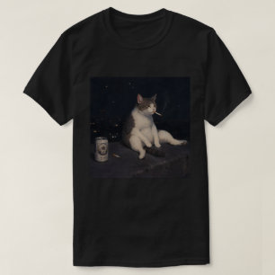 Cool Smoking Cat with Beer Can Night City View T-Shirt