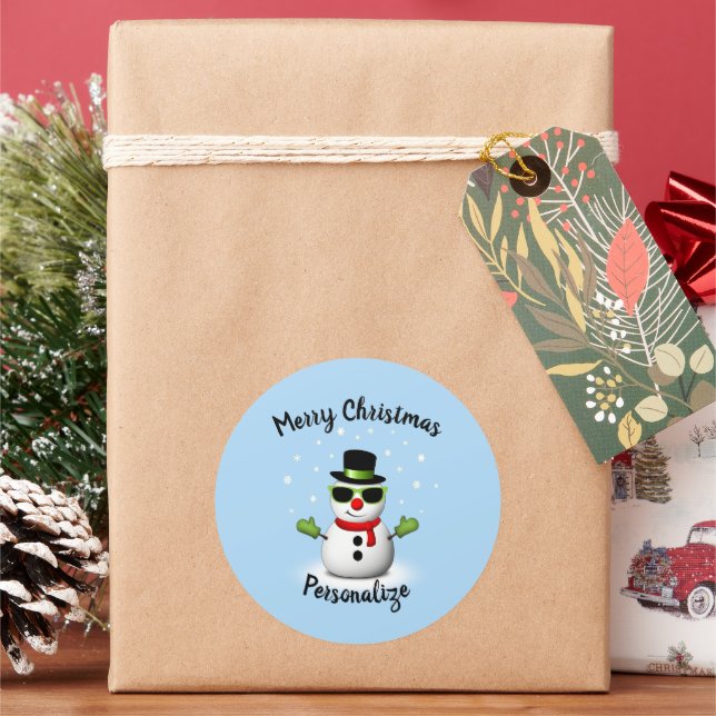 Cool Snowman Adorable Smirk Christmas Personalise Classic Round Sticker (Holiday)