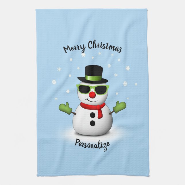 Cool Snowman Adorable Smirk Christmas Personalise Tea Towel (Vertical)