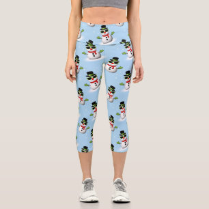 Cool Snowman Christmas Winter blue pattern Capri Leggings