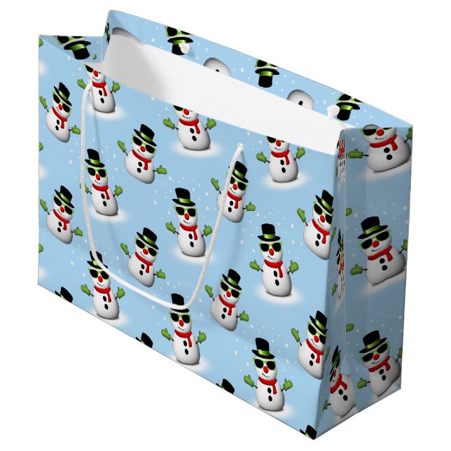 Cool Snowman Christmas Winter blue pattern Large Gift Bag (Front Angled)