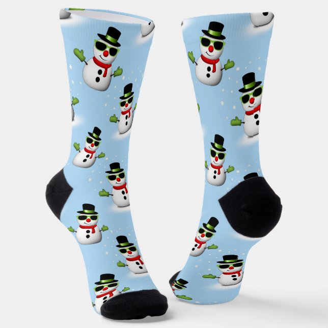 Cool Snowman Christmas Winter blue pattern Socks (Angled)