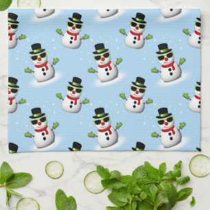 Cool Snowman Christmas Winter blue pattern Tea Towel