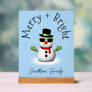Cool Snowman Merry Bright Christmas Custom Family  Acrylic Sign
